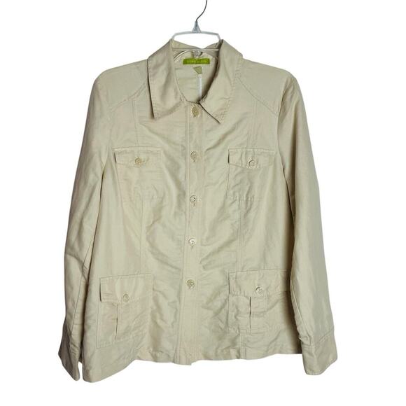 Sigrid Olsen Safari Jacket Women L Khaki Beige Linen Blend Chino Button Utility - Picture 1 of 7
